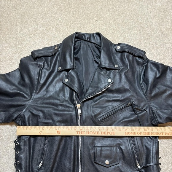 Leather Motorcycle Jacket Mens 44 Black Belted Side Lace Biker Zip Pockets - Picture 6 of 16